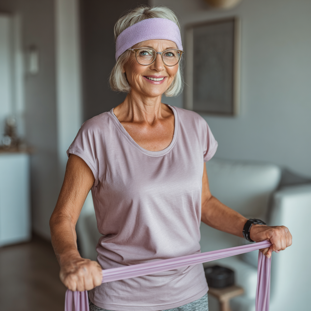 Mujer de 60 años realizando ejercicios de resistencia con banda elástica, sonriendo con confianza