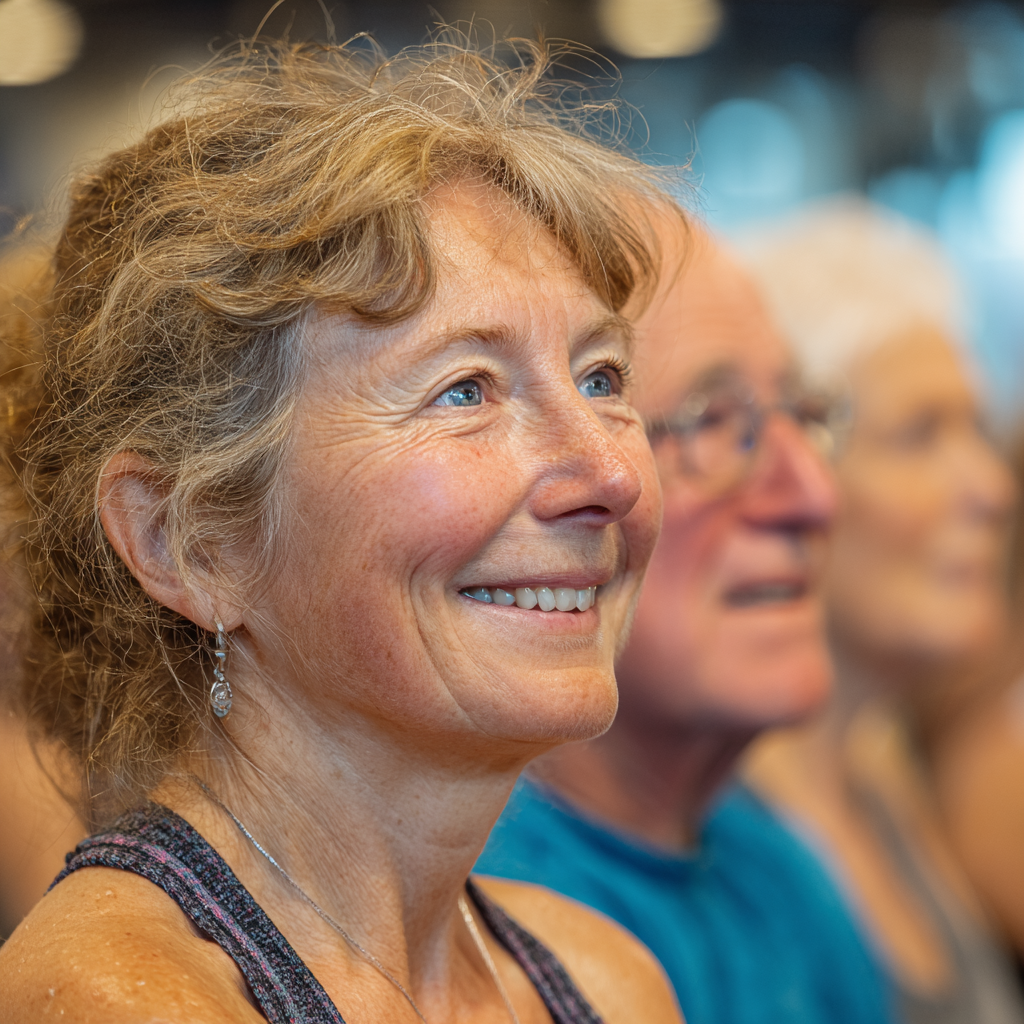Grupo de adultos de 50-60 años en clase de fitness grupal, todos sonriendo y disfrutando del ejercicio en ambiente motivador