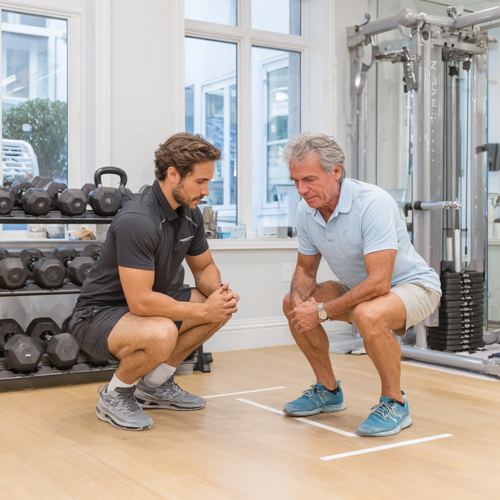 Entrenador personal trabajando uno a uno con hombre de 58 años en gimnasio, mostrando técnica correcta de ejercicio